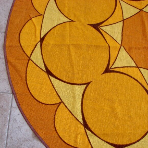 Vintage MCM 70s Round Tablecloth Orange Yellow Brown Geometric Pattern Germany - Picture 5 of 11